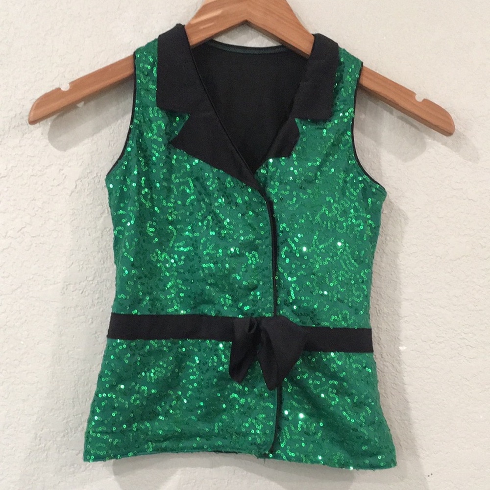 Revolution Girls Sz MC Medium Green Sequin Dance Costume Collared Jazz Tap